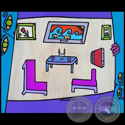 Espías en la sala de parquet - Pintura de Virginia Rojas Holden - Año 2020